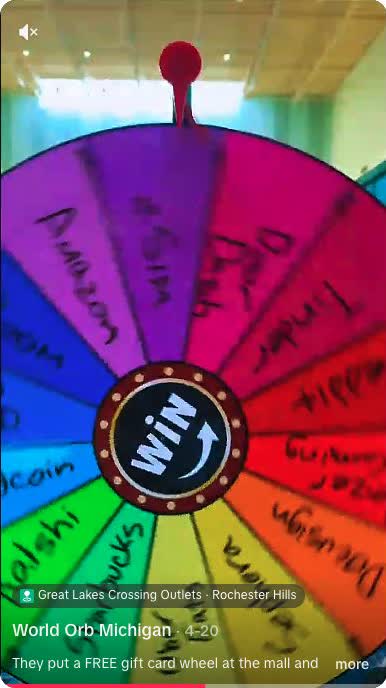 Free gift card wheel at Great Lakes Crossing from the World Orb Michigan TikTok video